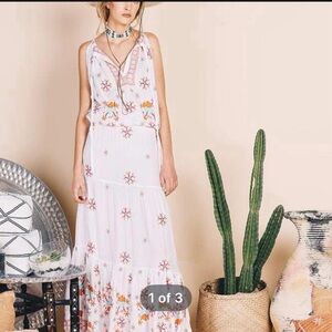 White and Red Embroidered Sleeveless V-Neck Maxi Sundress